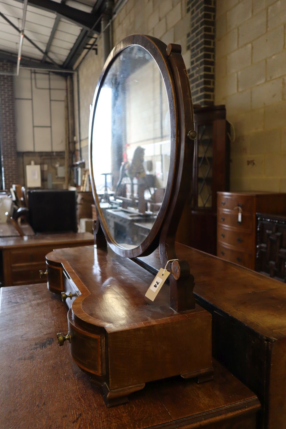 A 19th century banded and inlaid mahogany box-base toilet mirror, width 82cm depth 26cm height 82cm